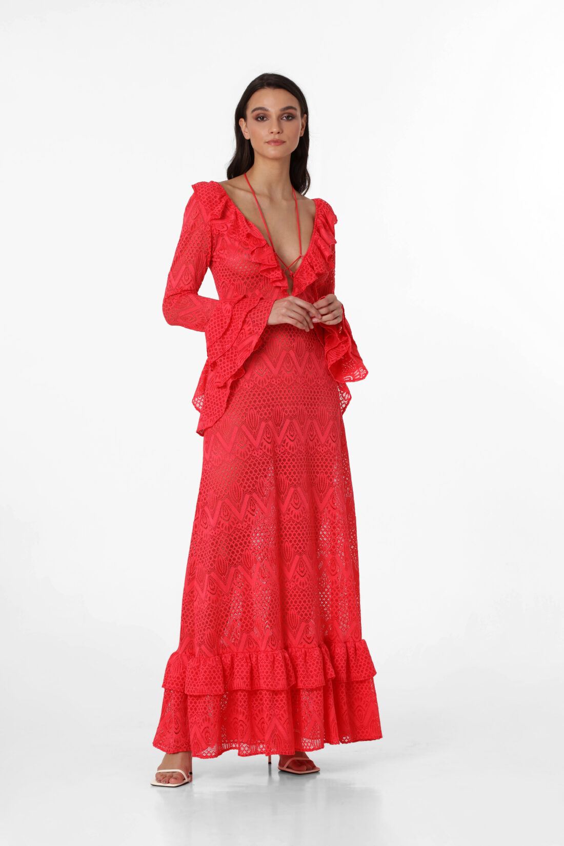 LONGSLEEVE CORAL LACE MAXI DRESS