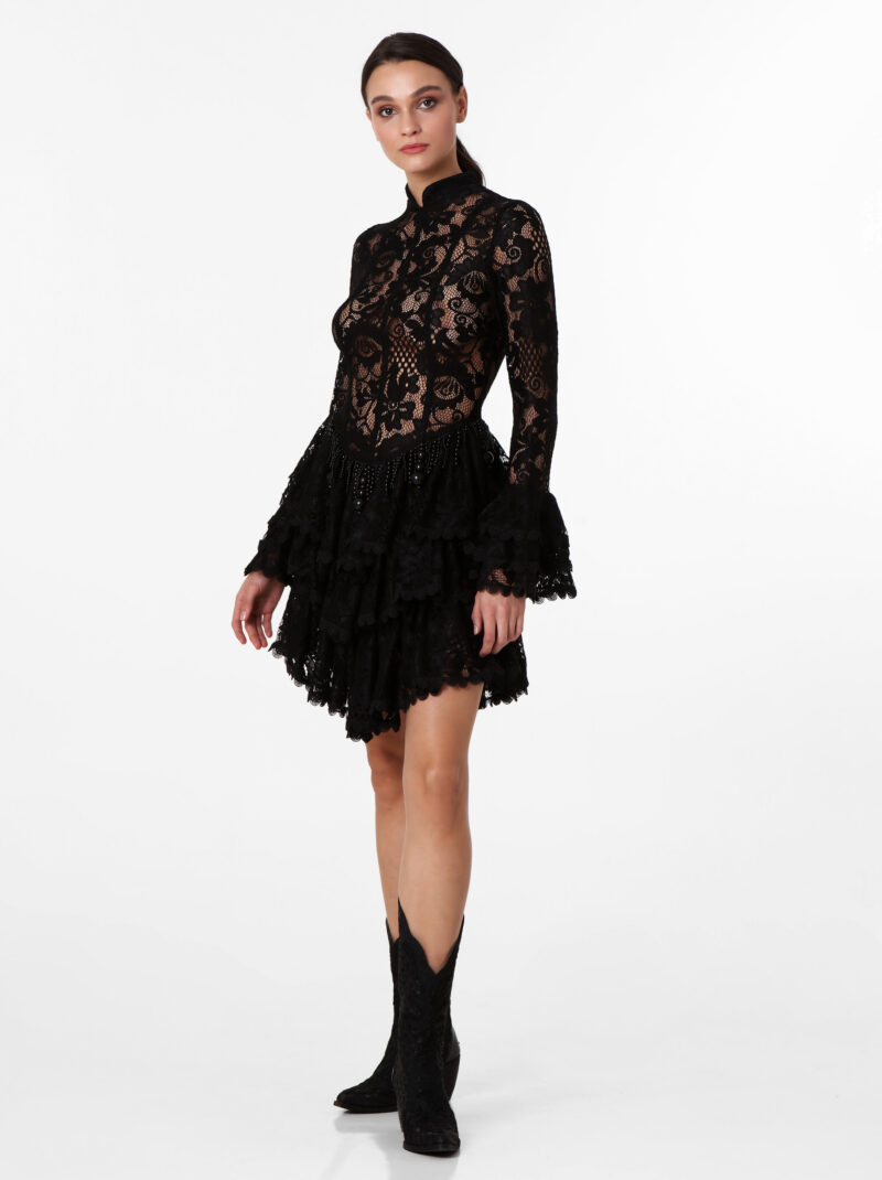 LONG-SLEEVE BLACK LACE MINI-DRESS