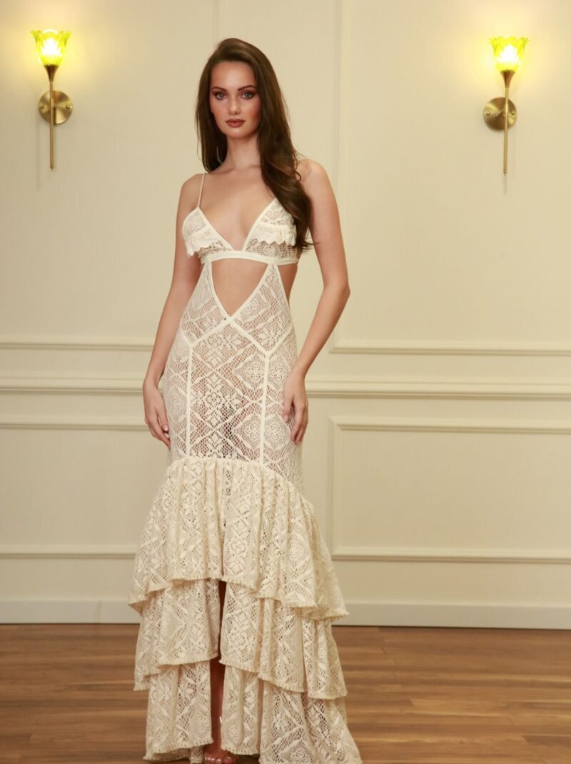 Beige Crochet Ruffle Maxi Dress