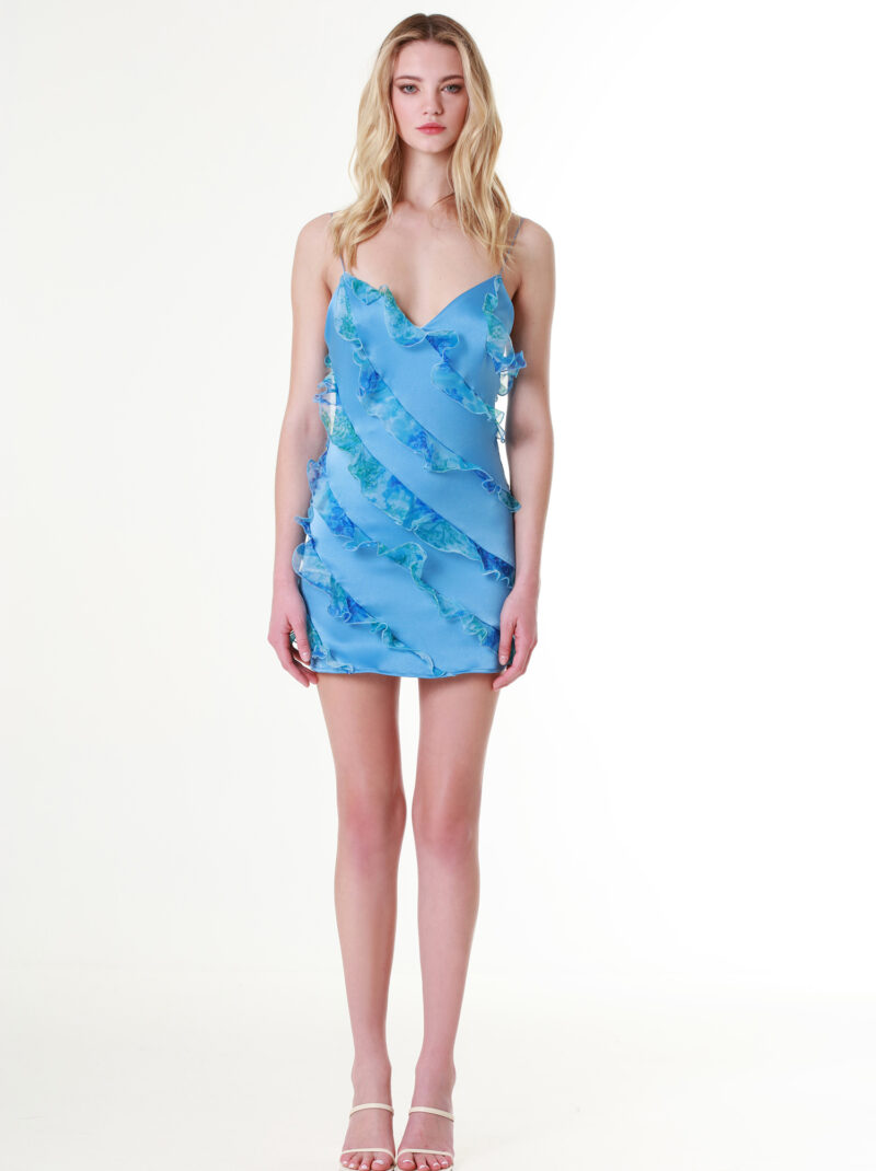 Crepe Satin Printed Raffle-detail Mini Dress in Ciel