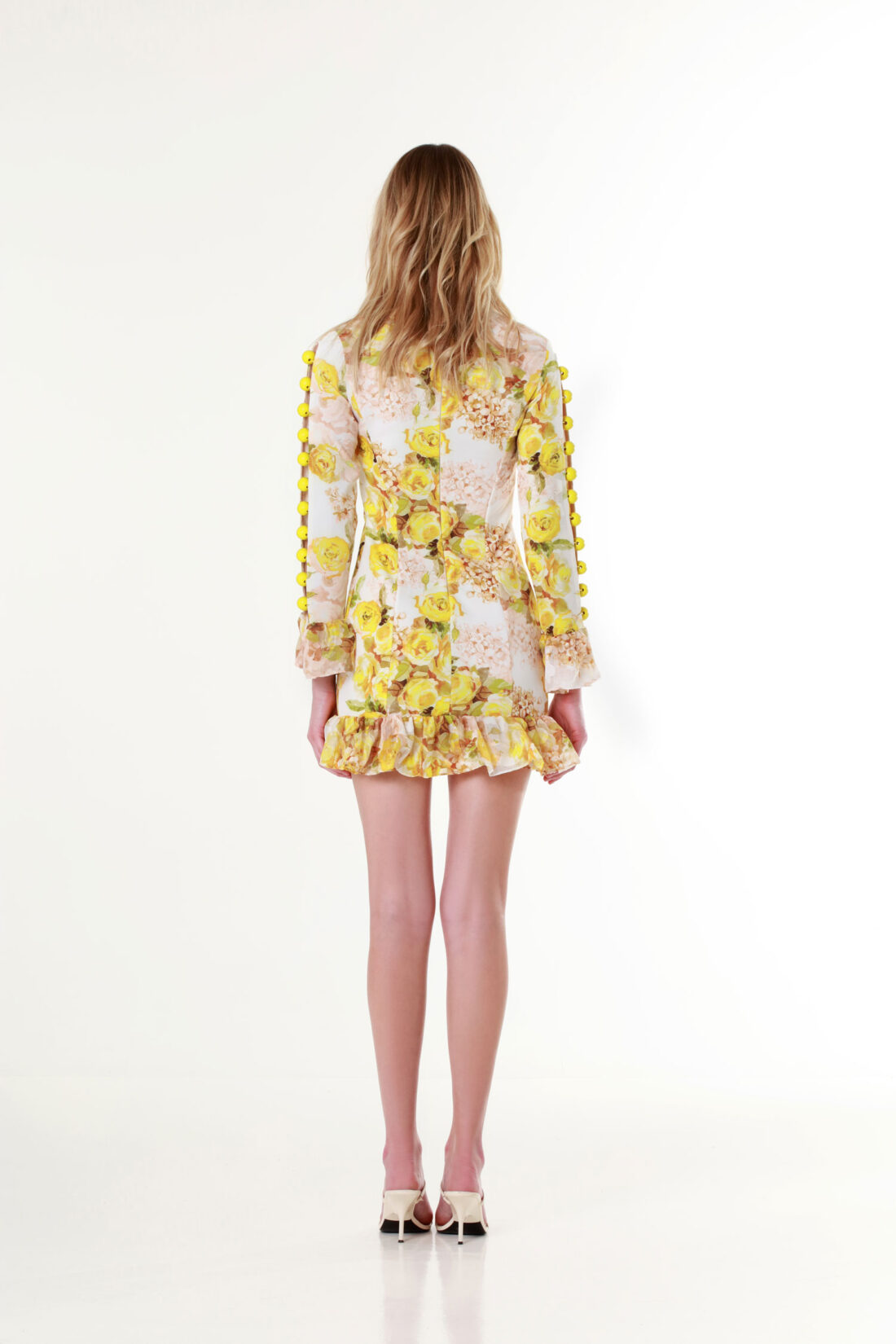 Yellow Roses Beaded Detail Long-Sleeve Mini Dress