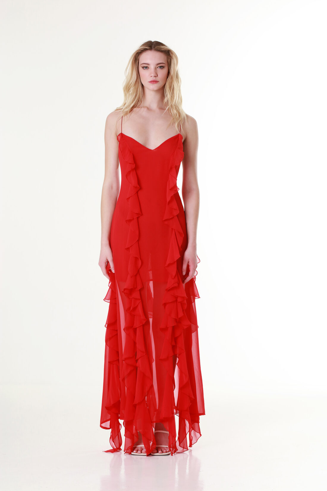 Red Ruffled V-neck Maxi Dress