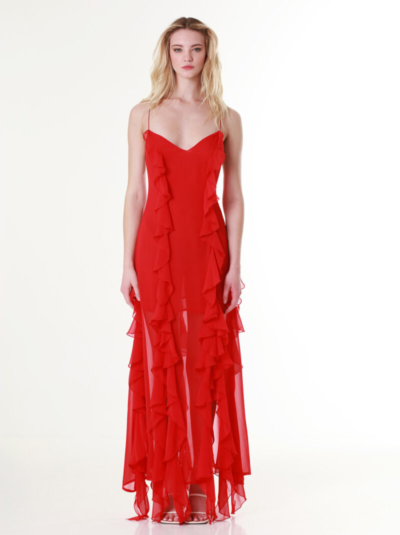 Red Ruffled V-neck Maxi Dress