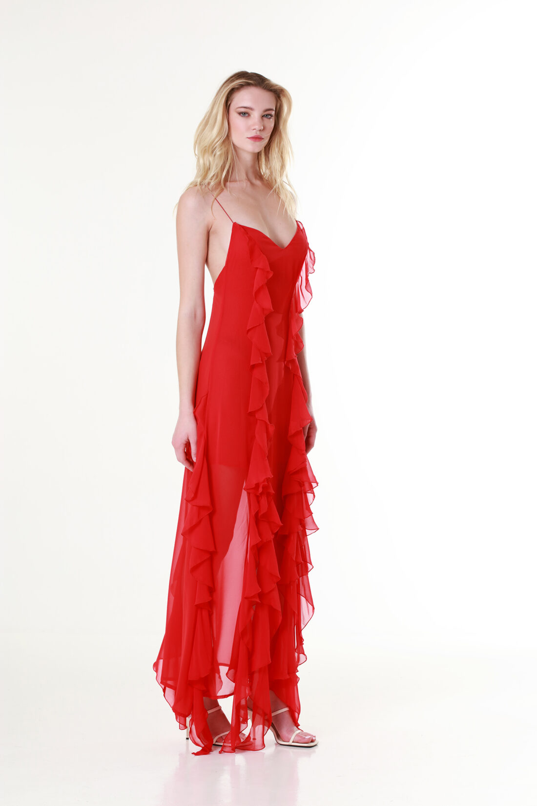 Red Ruffled V-neck Maxi Dress