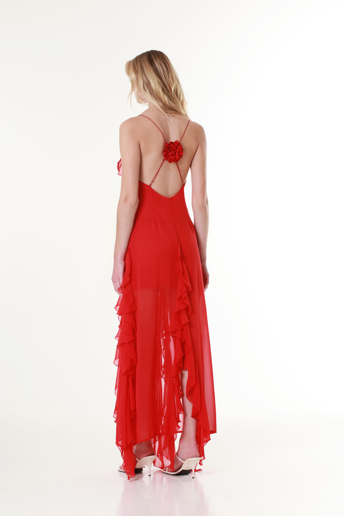 Red Ruffled V-neck Maxi Dress