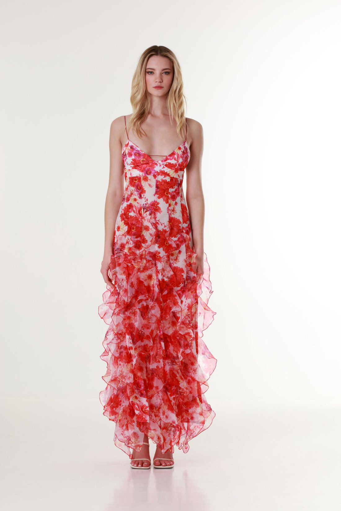 Red Margarita Ruffle Floral-Print Maxi Dress