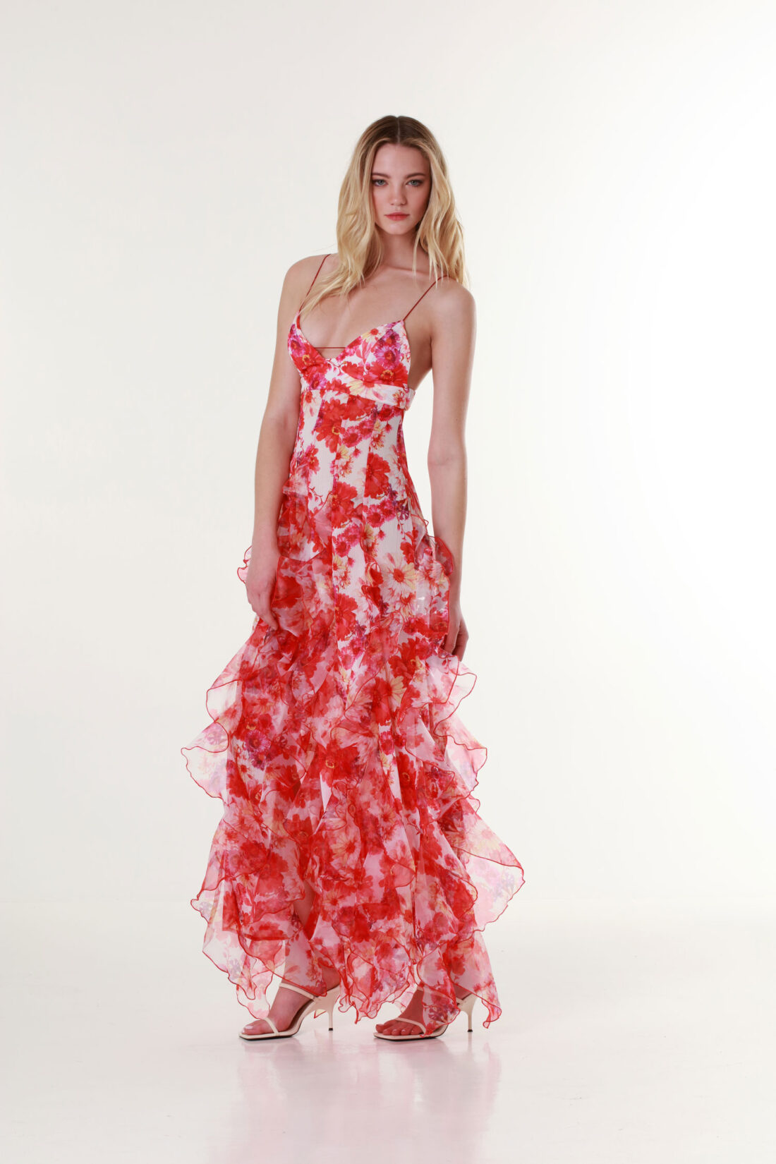 Red Margarita Ruffle Floral-Print Maxi Dress