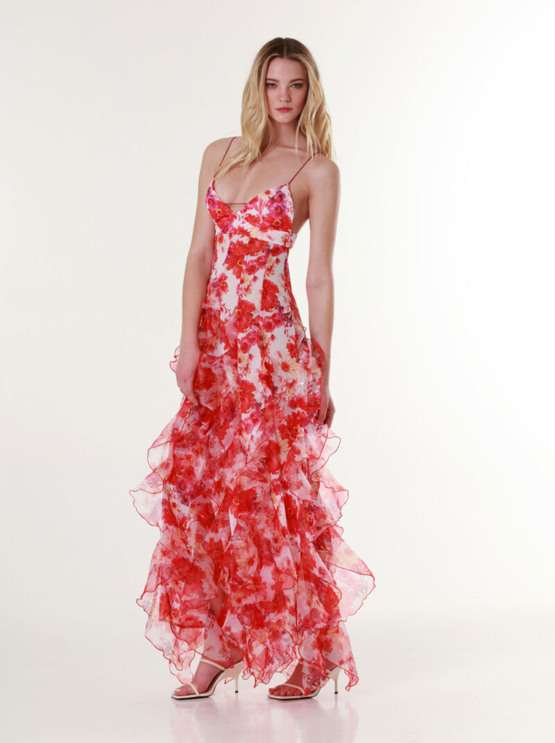 Red Margarita Ruffle Floral-Print Maxi Dress