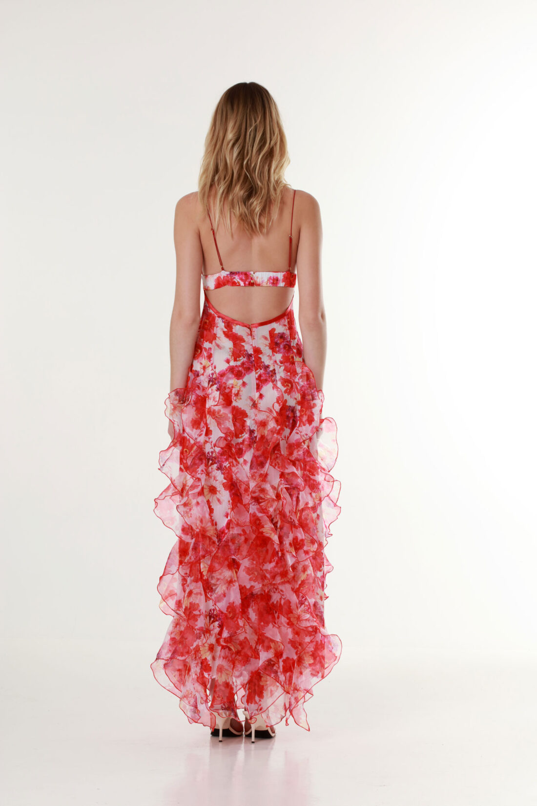 Red Margarita Ruffle Floral-Print Maxi Dress