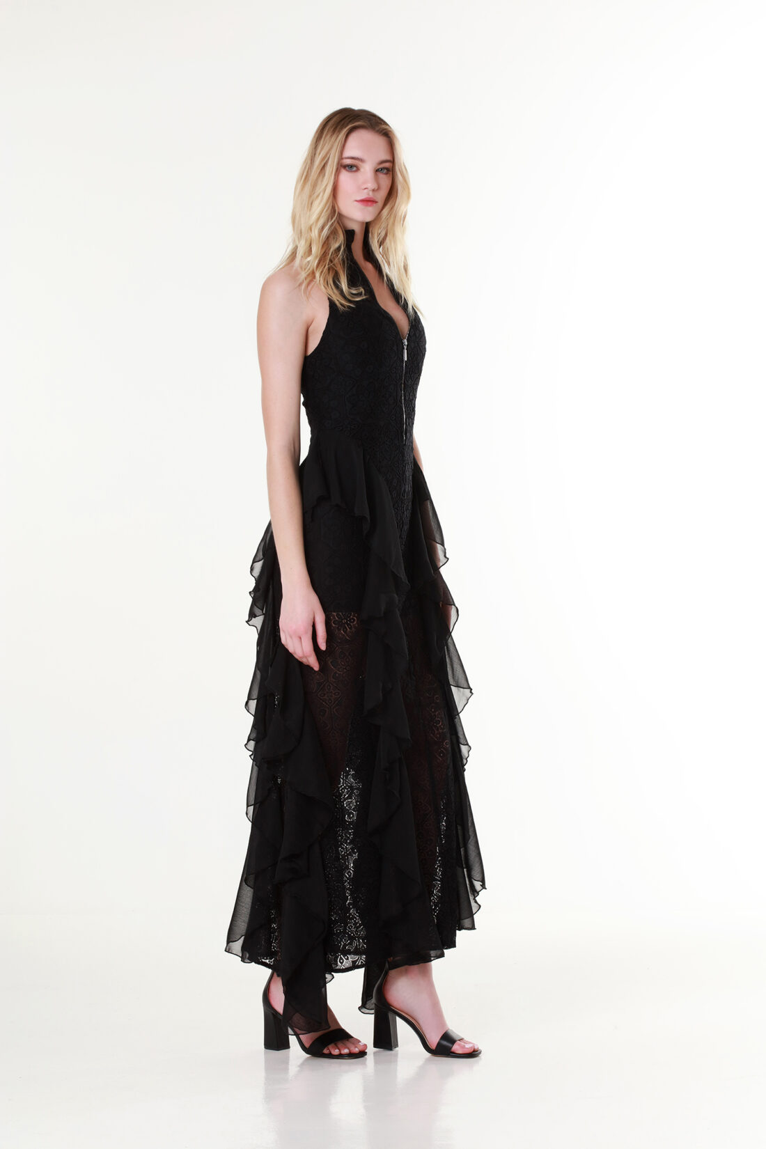 Ruffled Guipure Black Lace Halter-neck Gown