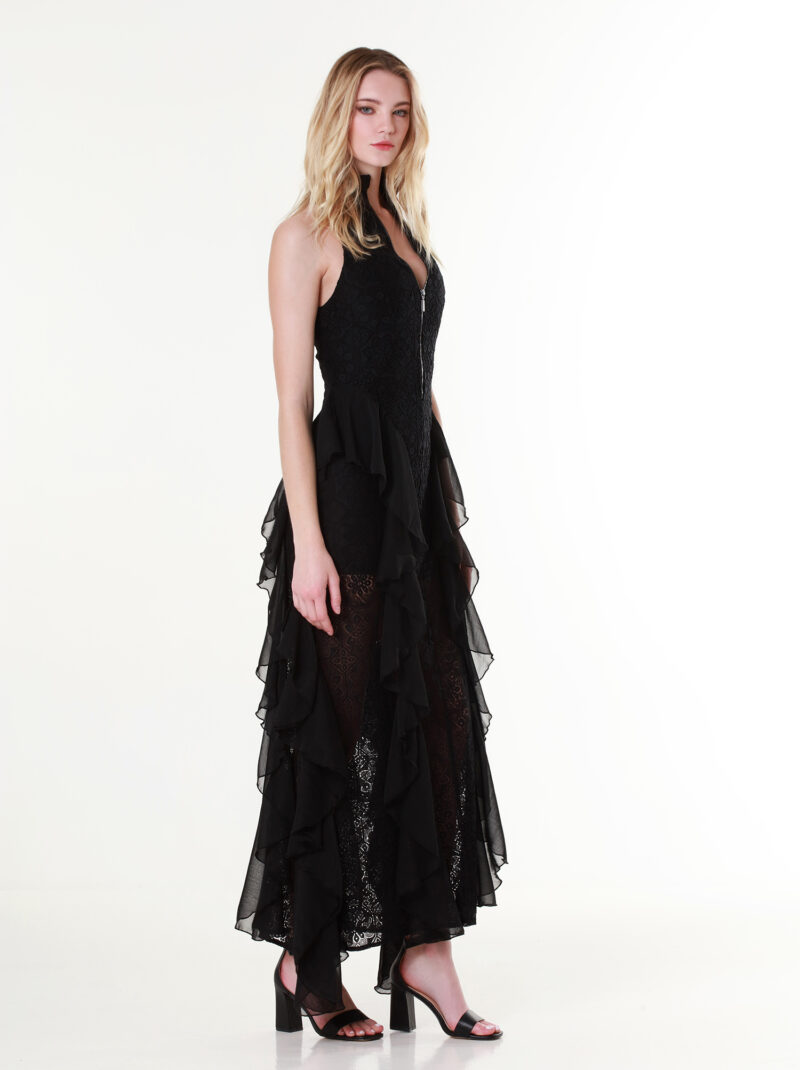 Ruffled Guipure Black Lace Halter-neck Gown