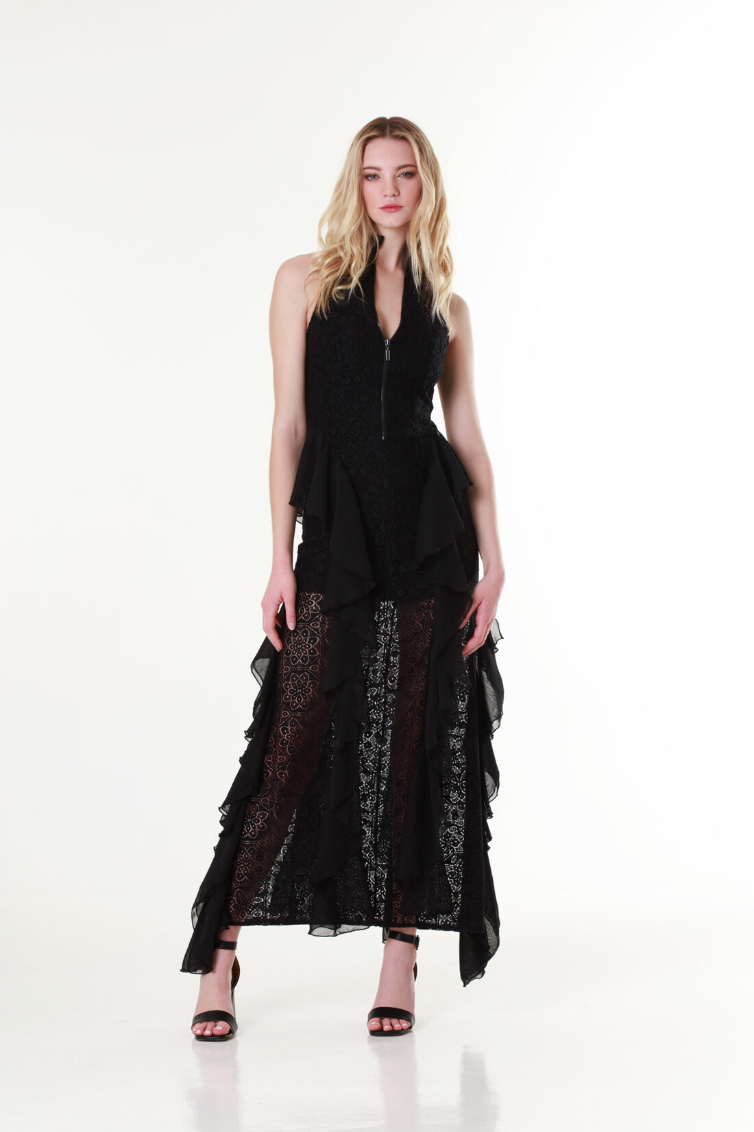 Ruffled Guipure Black Lace Halter-neck Gown