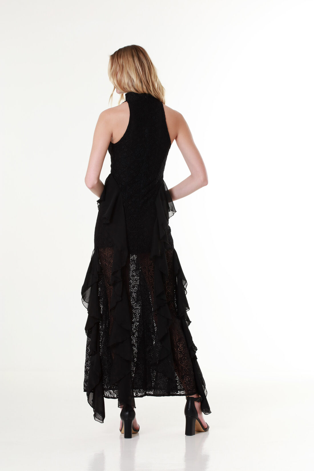 Ruffled Guipure Black Lace Halter-neck Gown