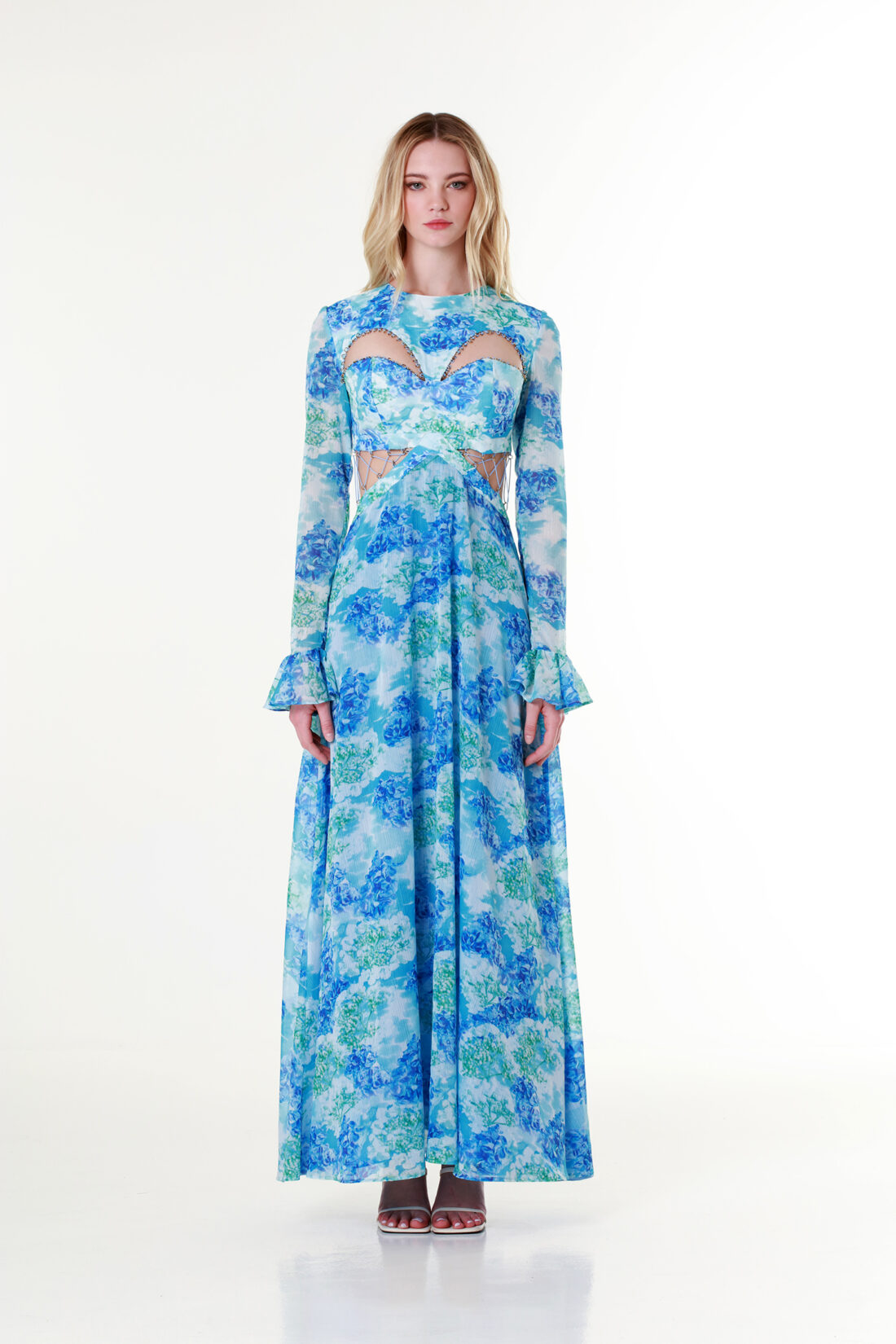 Water Lilies Ring-Detail Butterfly Long-sleeved Maxi Dress