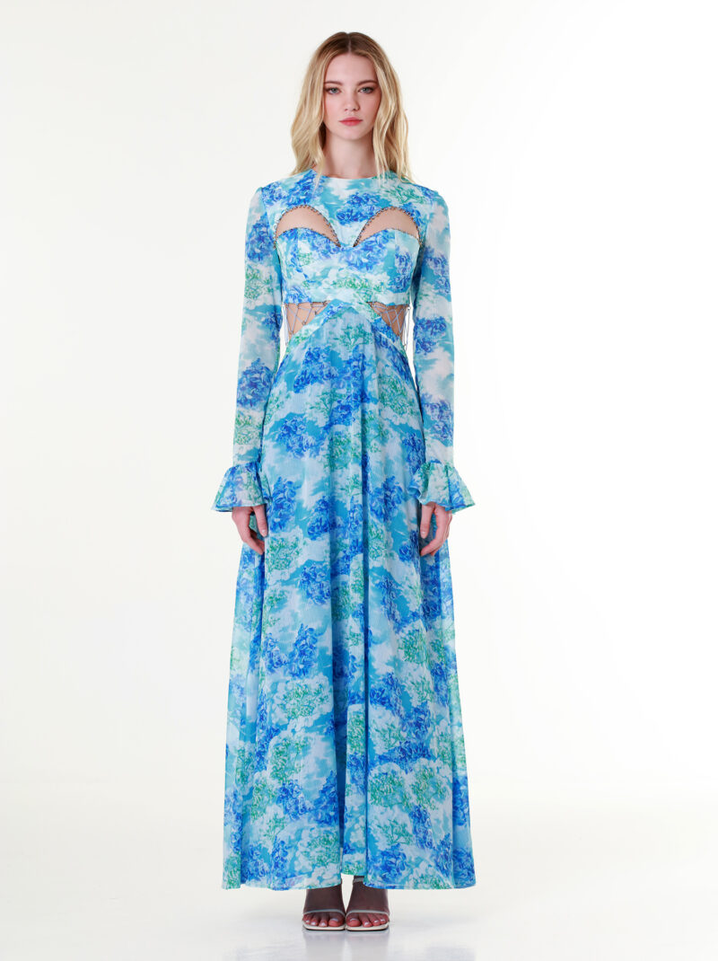 Water Lilies Ring-Detail Butterfly Long-sleeved Maxi Dress