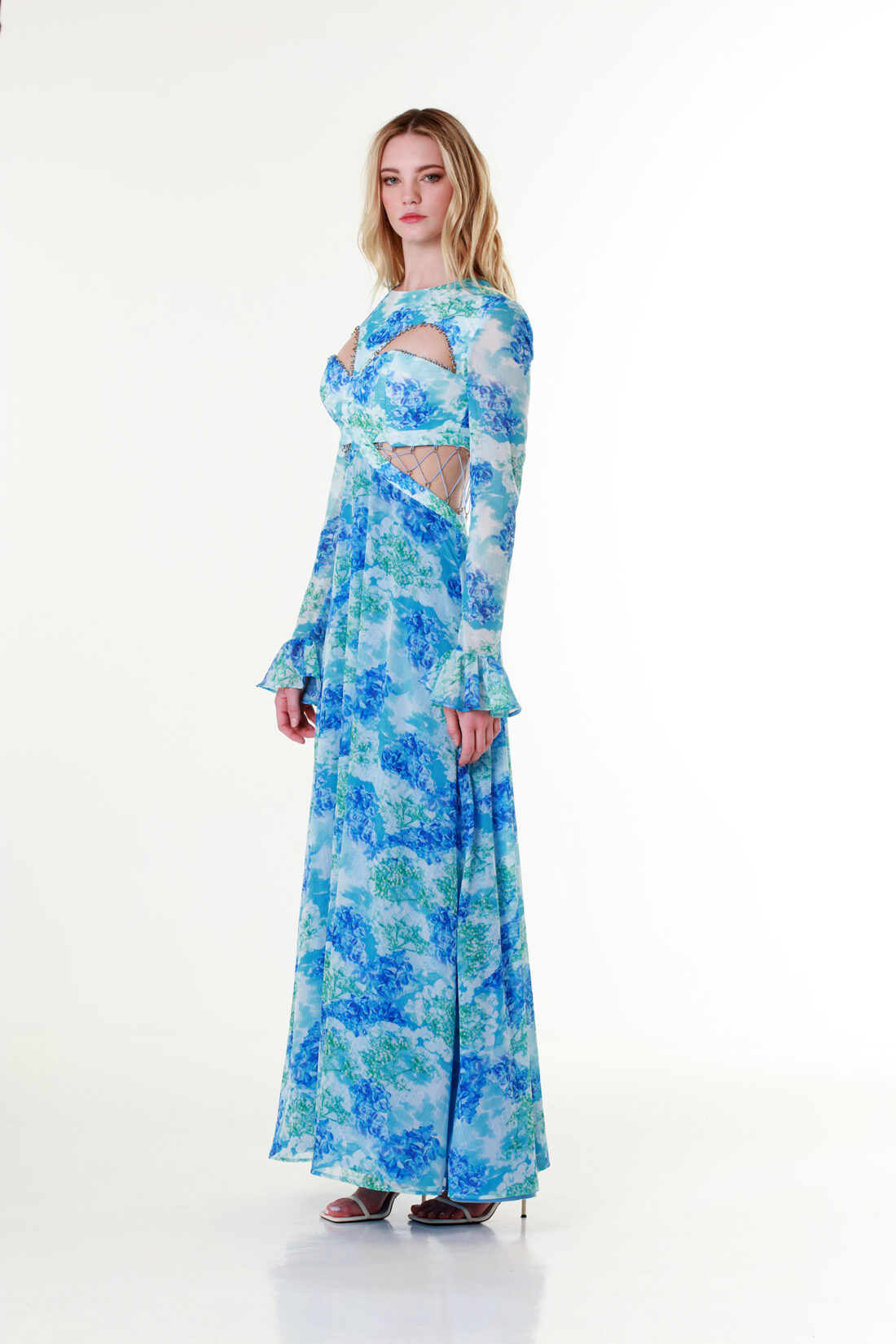 Water Lilies Ring-Detail Butterfly Long-sleeved Maxi Dress