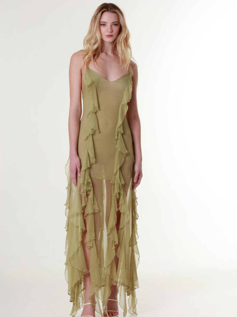 Ruffled Plissé Silk Olive Maxi Dress