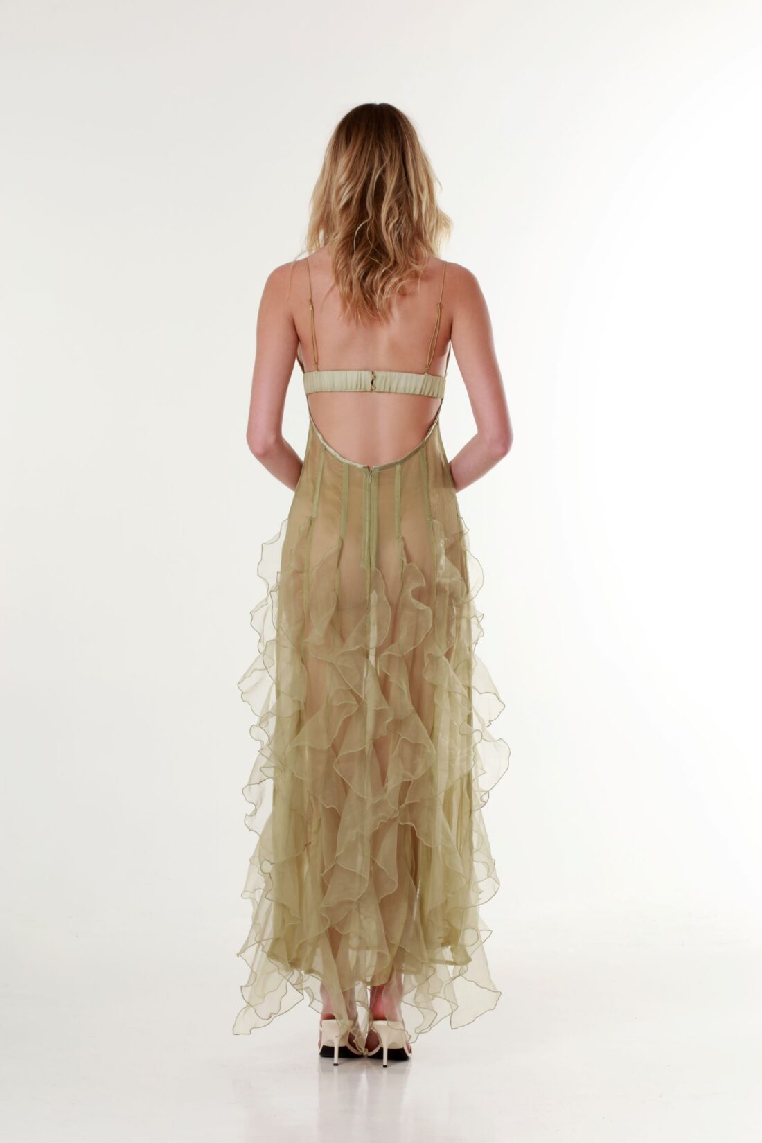 Ruffled Cut-Out Plissé Silk Olive Maxi Dress