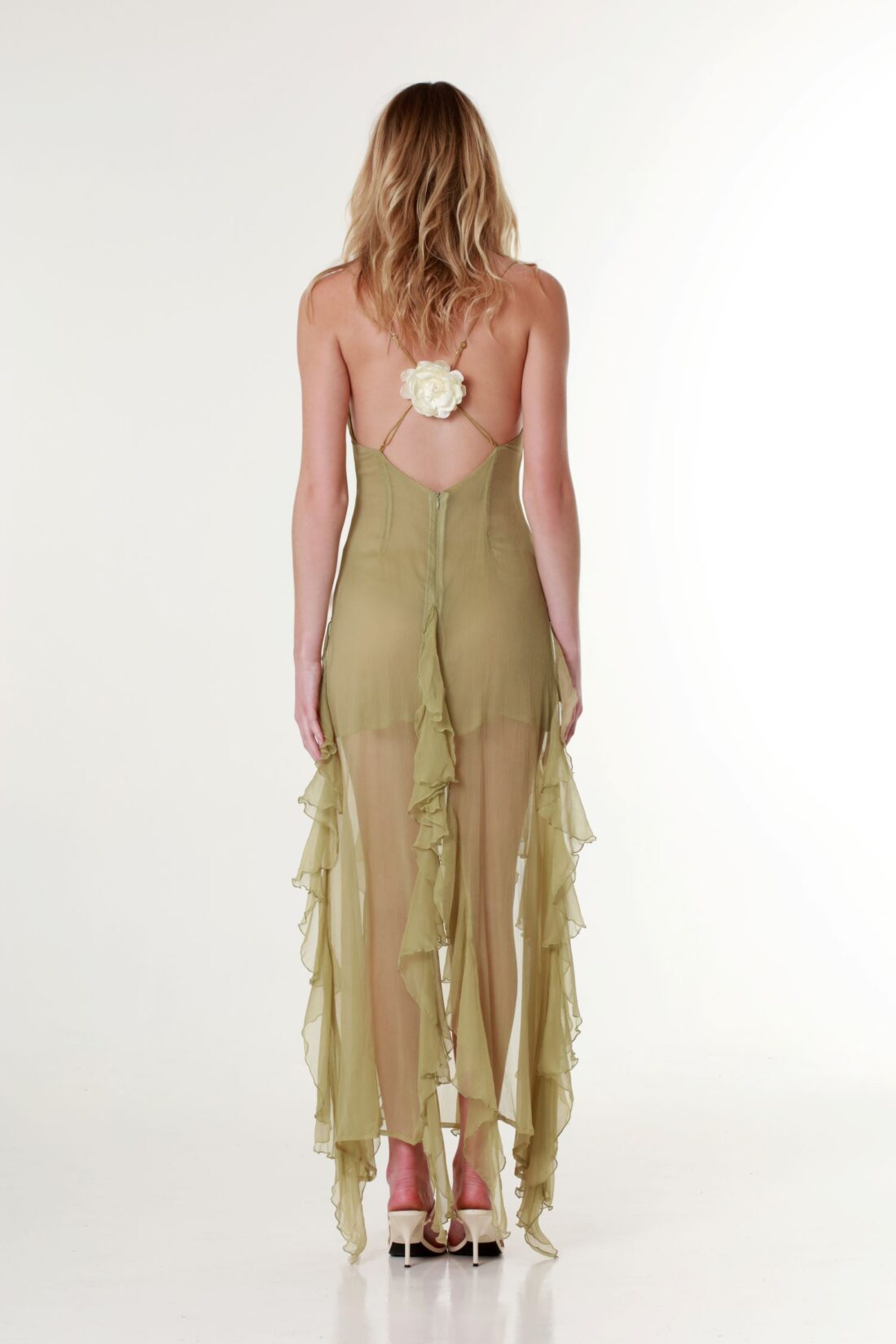 Ruffled Plissé Silk Olive Maxi Dress