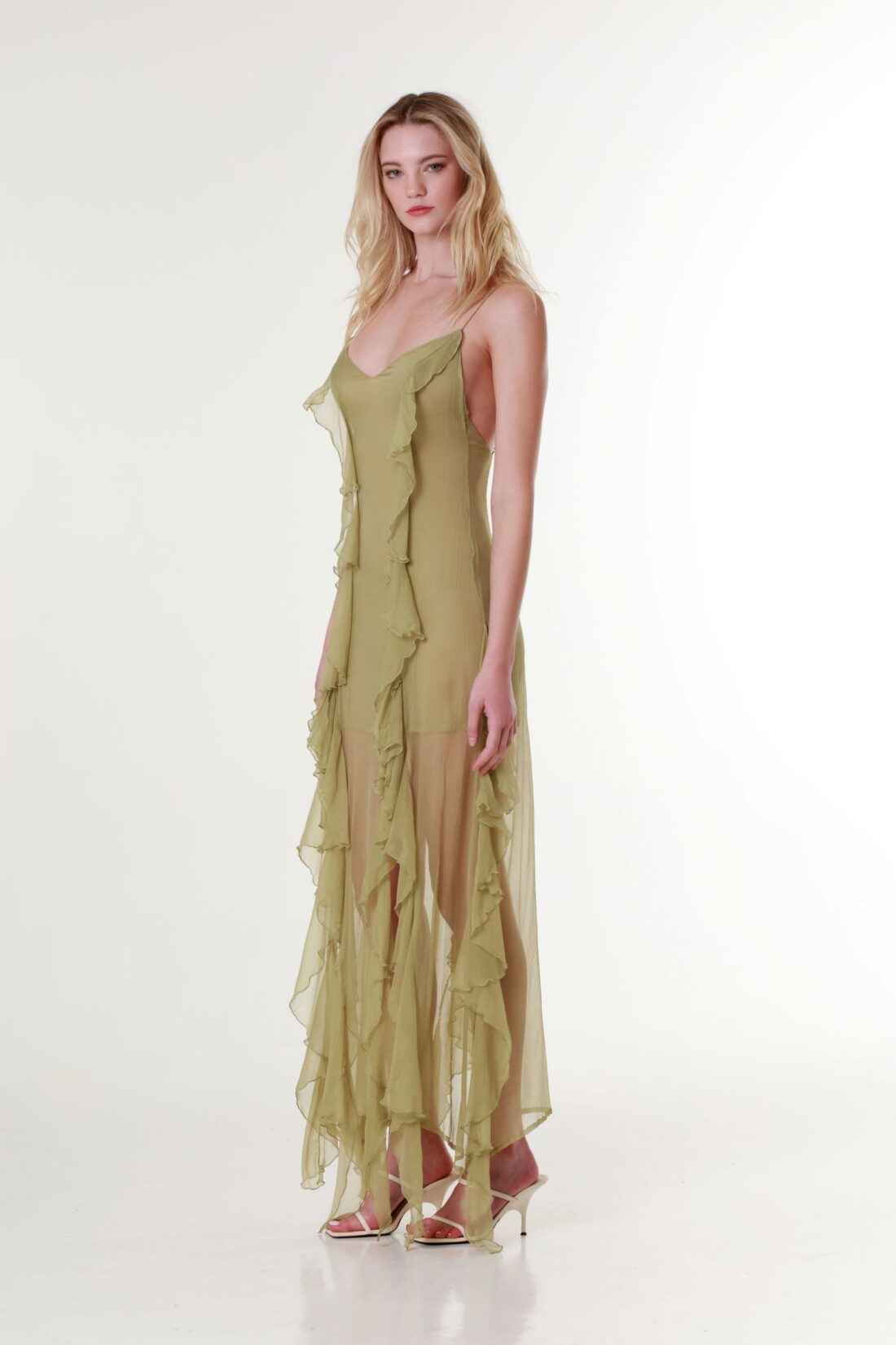 Ruffled Plissé Silk Olive Maxi Dress