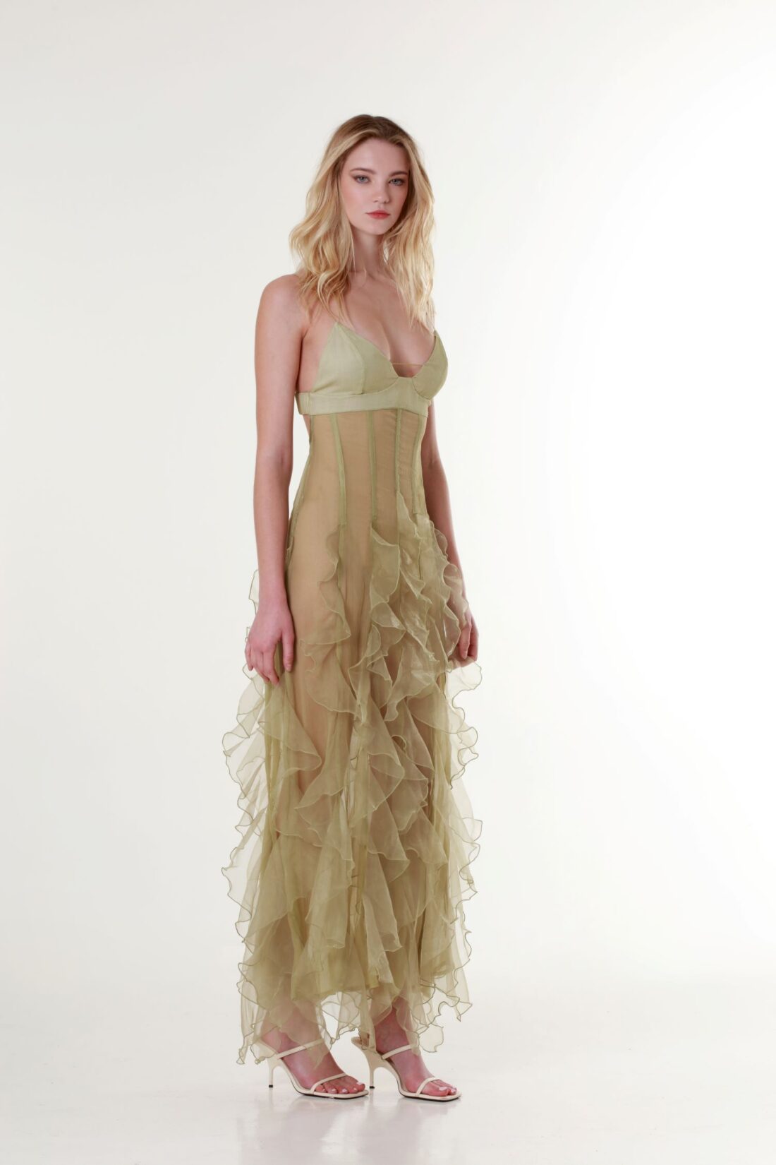 Ruffled Cut-Out Plissé Silk Olive Maxi Dress