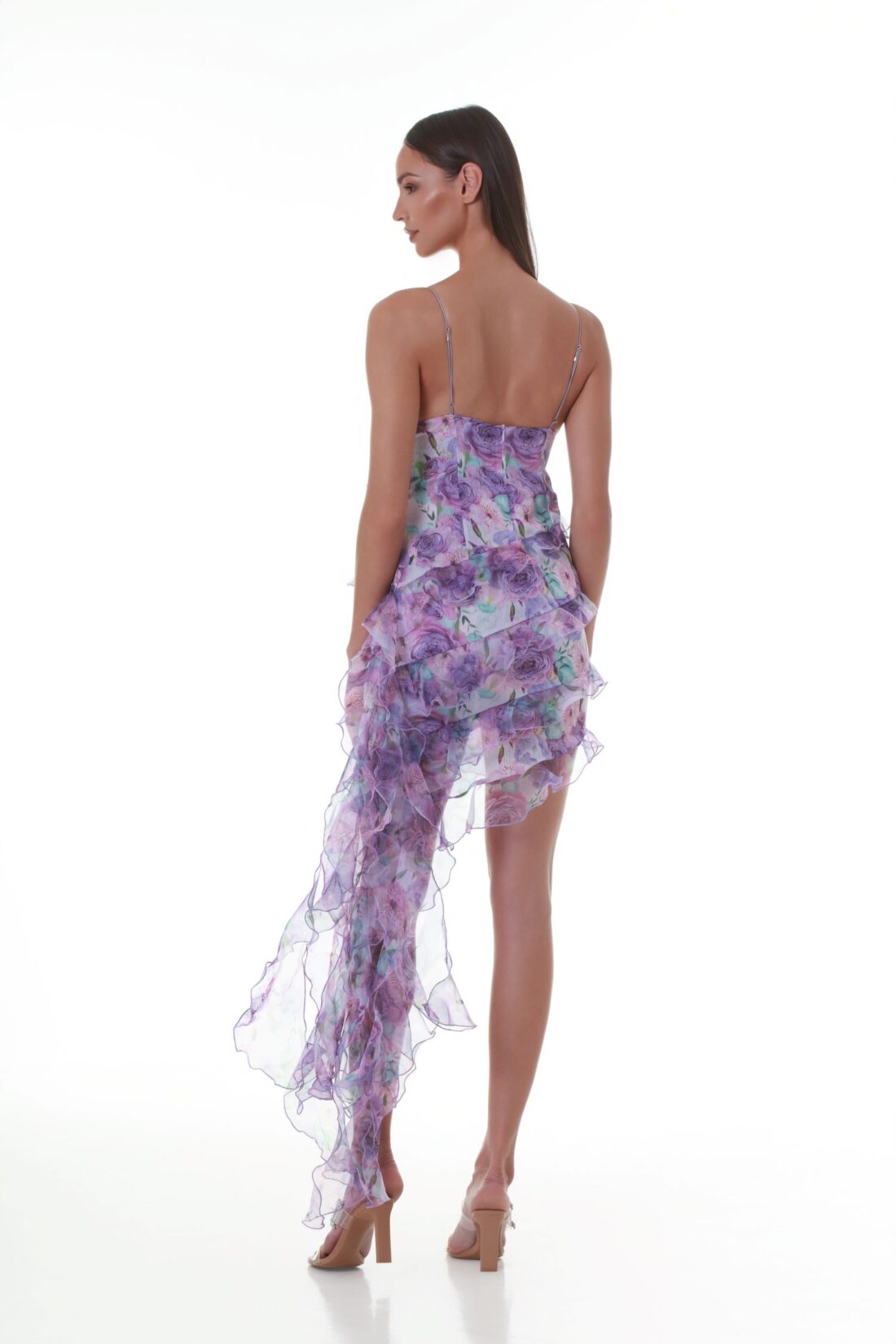 Ruffle-trimmed asymmetrical violet print mini dress