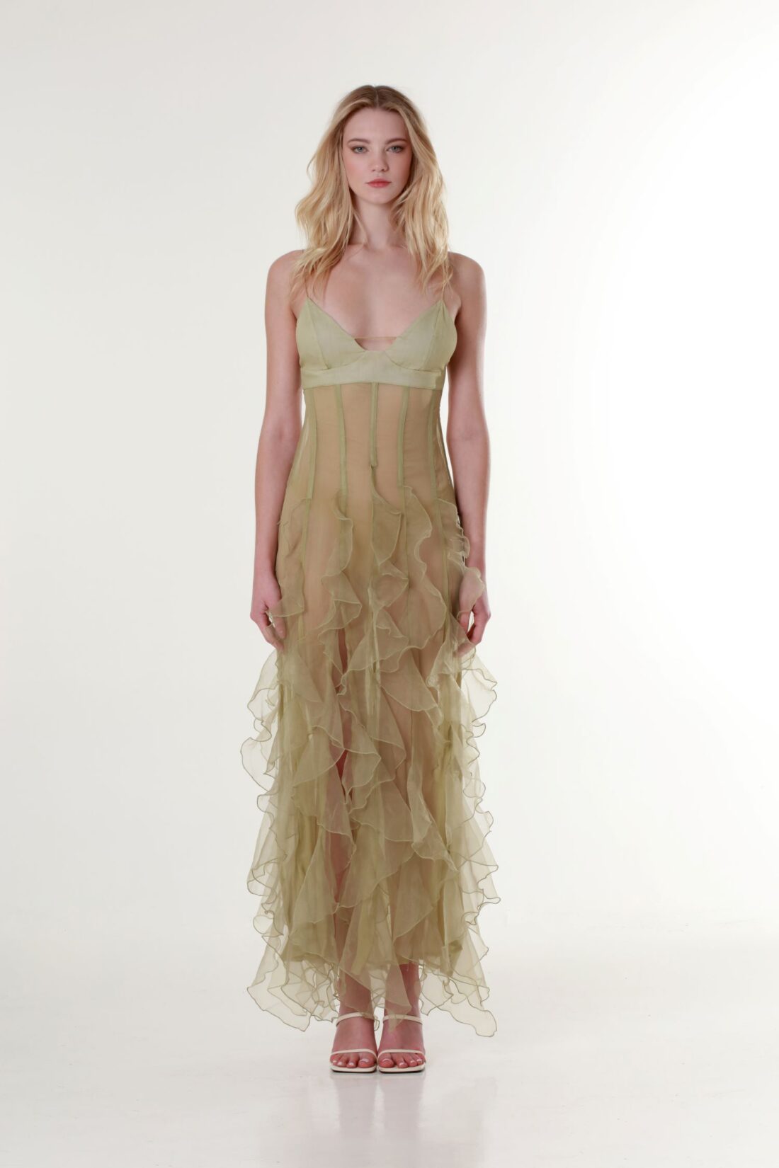 Ruffled Cut-Out Plissé Silk Olive Maxi Dress