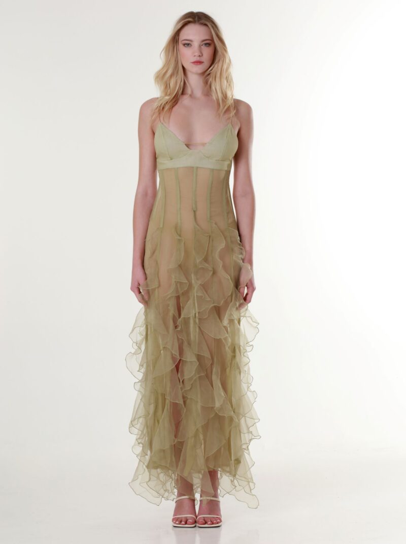 Ruffled Cut-Out Plissé Silk Olive Maxi Dress