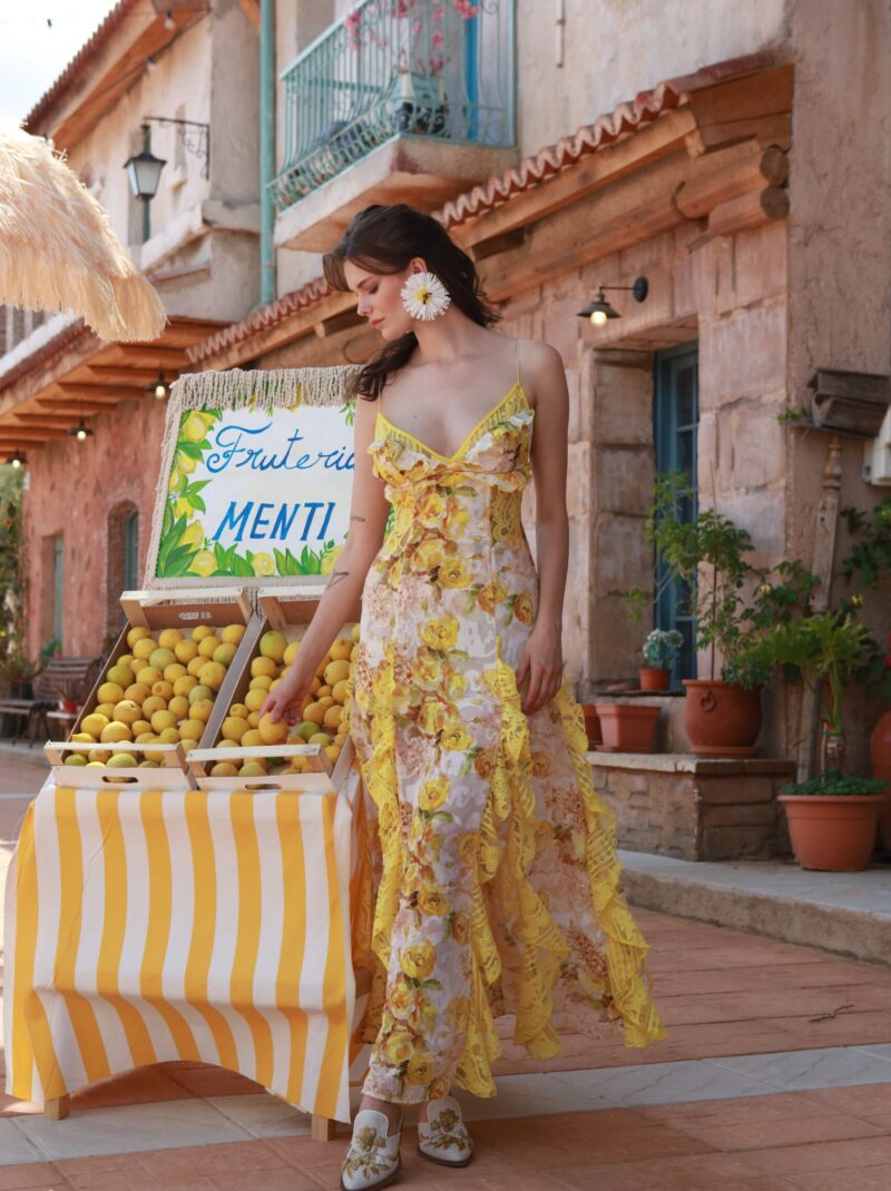 Yellow Roses Printed Devoré Lace-Detail Maxi Dress