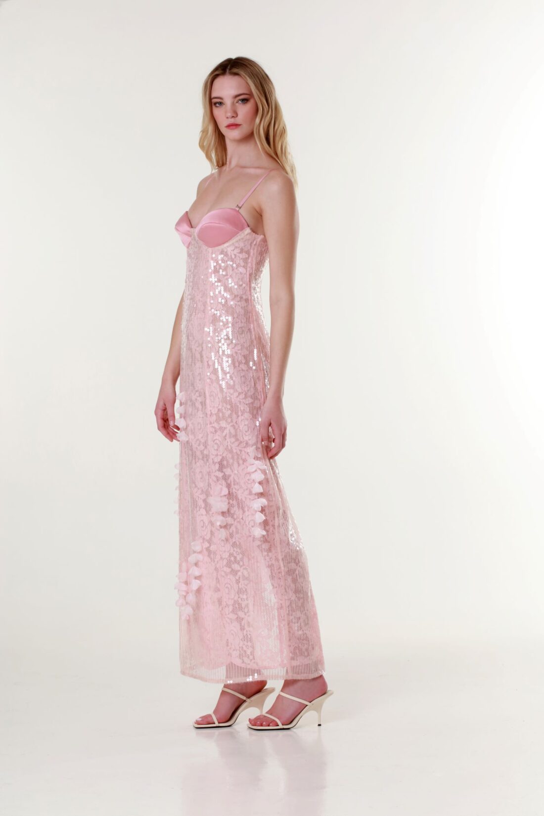 Sweetheart-Neck Sequin Maxi Dress in Pink