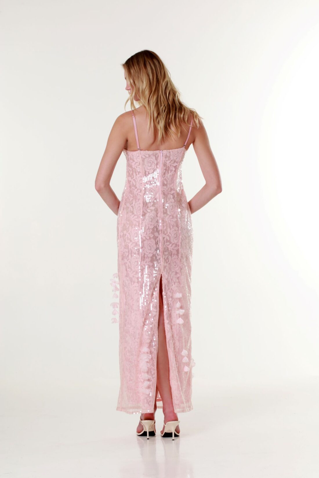 Sweetheart-Neck Sequin Maxi Dress in Pink