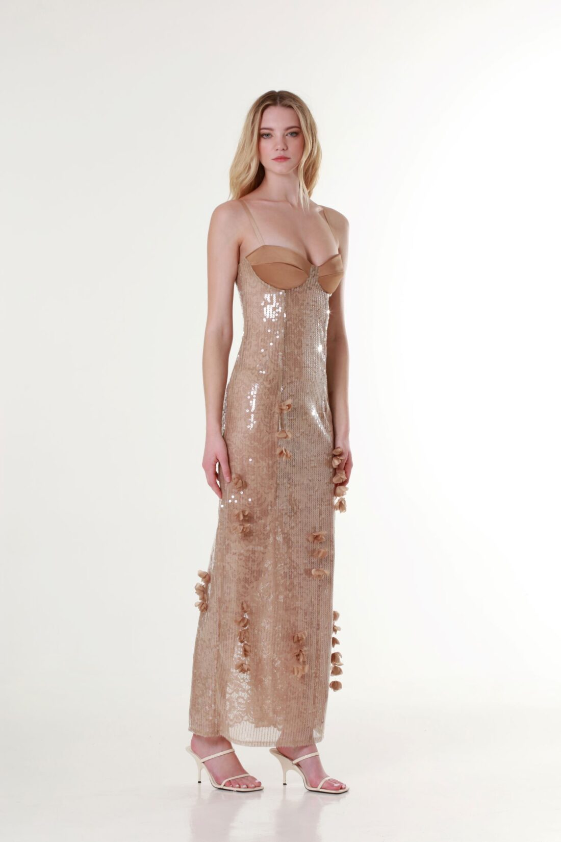 Sweetheart-Neck Sequin Maxi Dress in Almond Brown