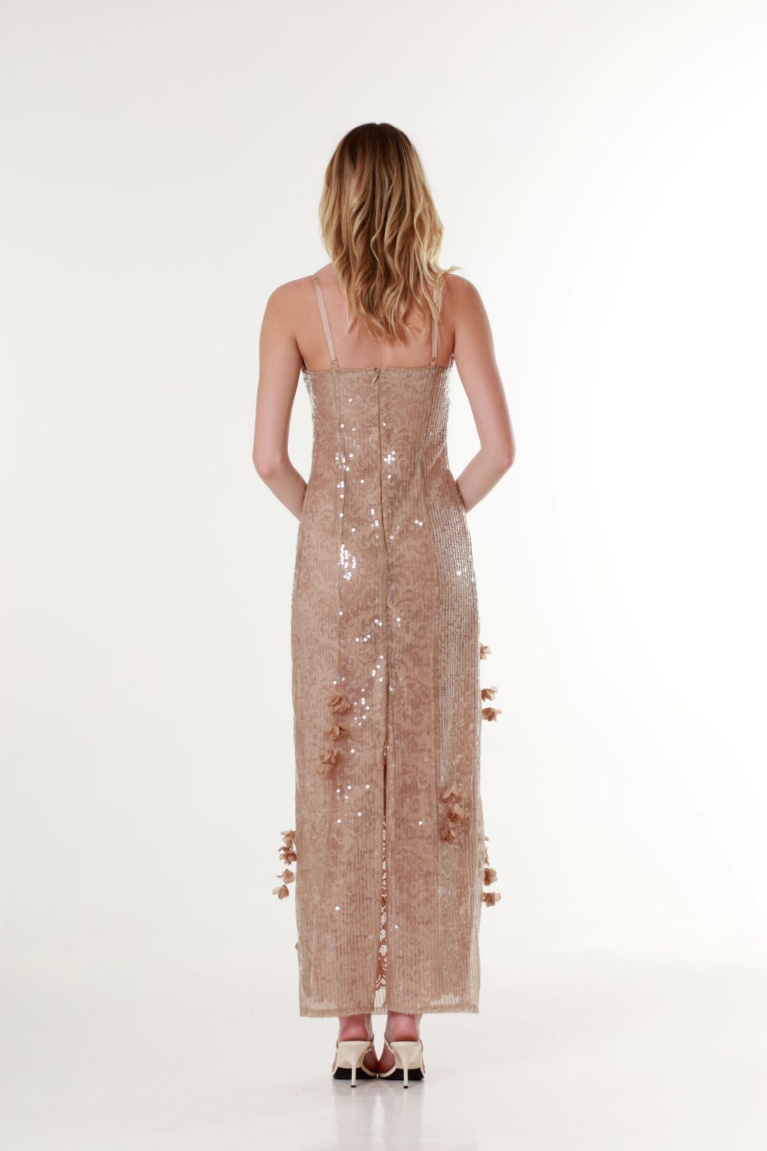 Sweetheart-Neck Sequin Maxi Dress in Almond Brown