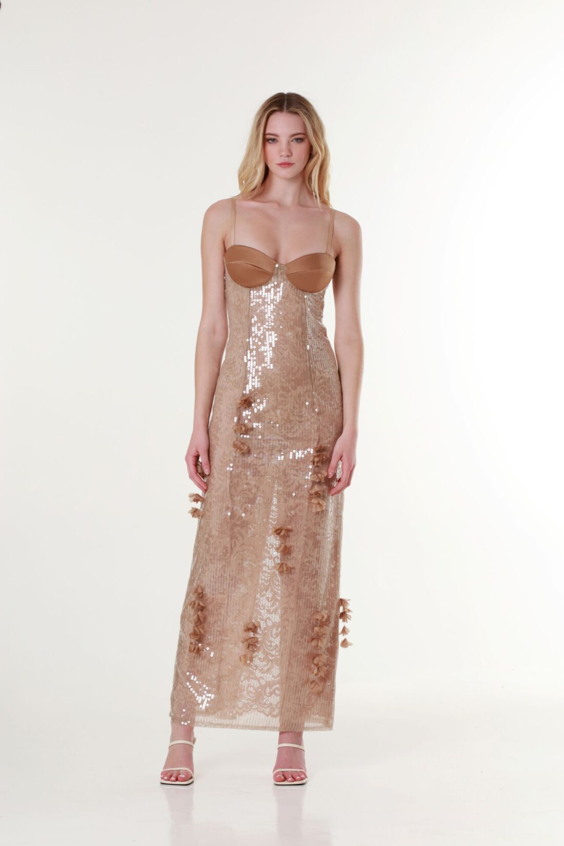 Sweetheart-Neck Sequin Maxi Dress in Almond Brown