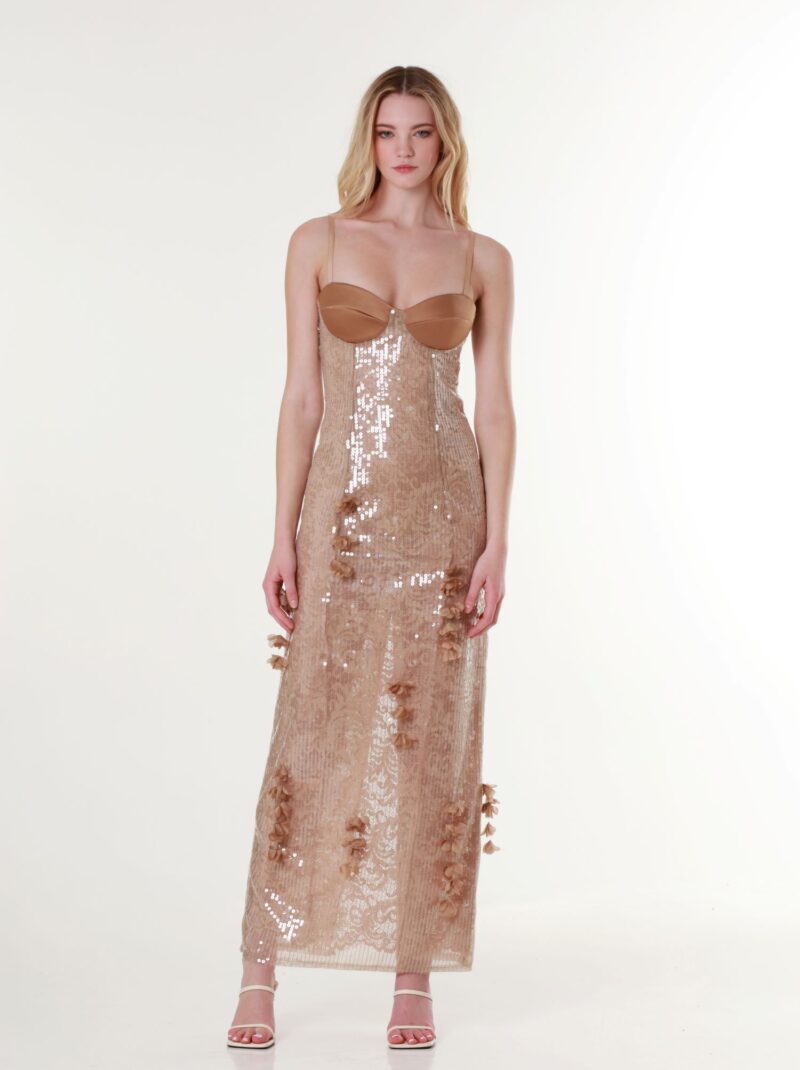 Sweetheart-Neck Sequin Maxi Dress in Almond Brown