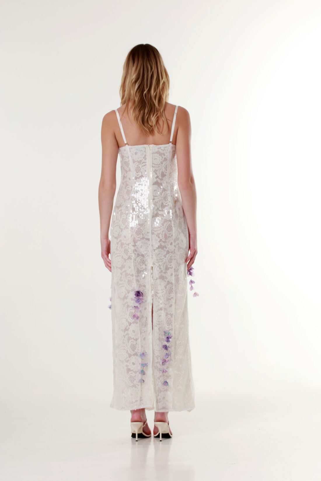 Sweetheart-Neck Sequin Maxi Dress in Off-white