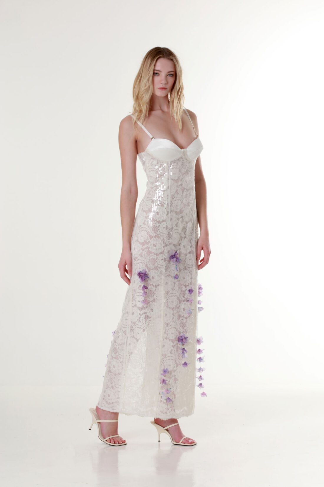 Sweetheart-Neck Sequin Maxi Dress in Off-white