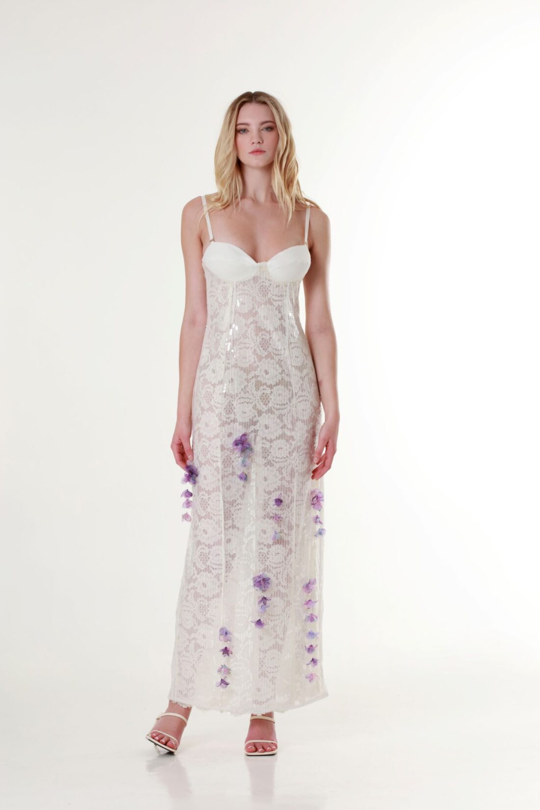 Sweetheart-Neck Sequin Maxi Dress in Off-white