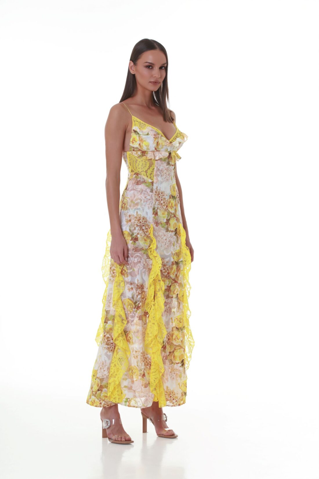 Yellow Roses Printed Devoré Lace-Detail Maxi Dress