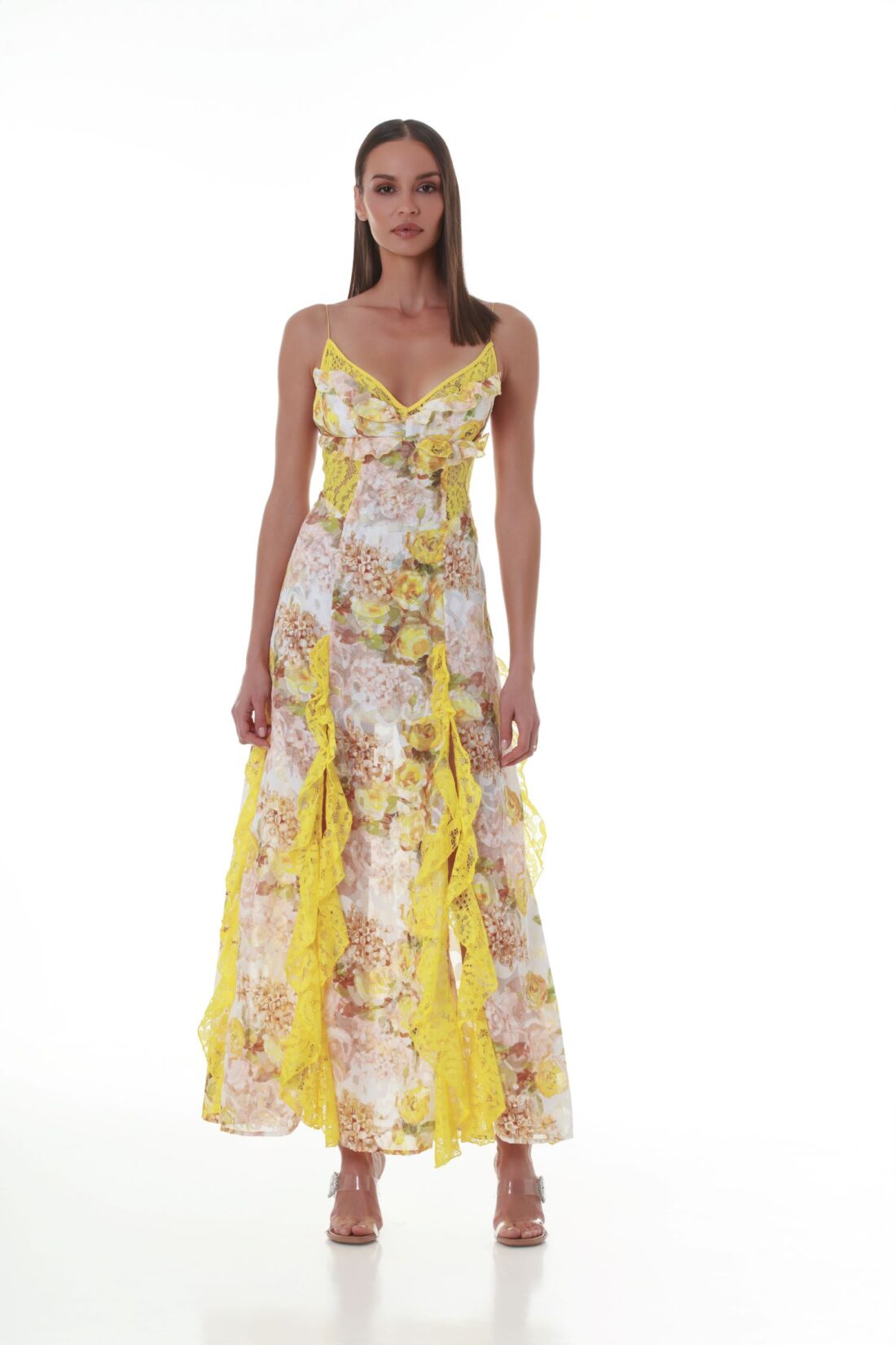 Yellow Roses Printed Devoré Lace-Detail Maxi Dress