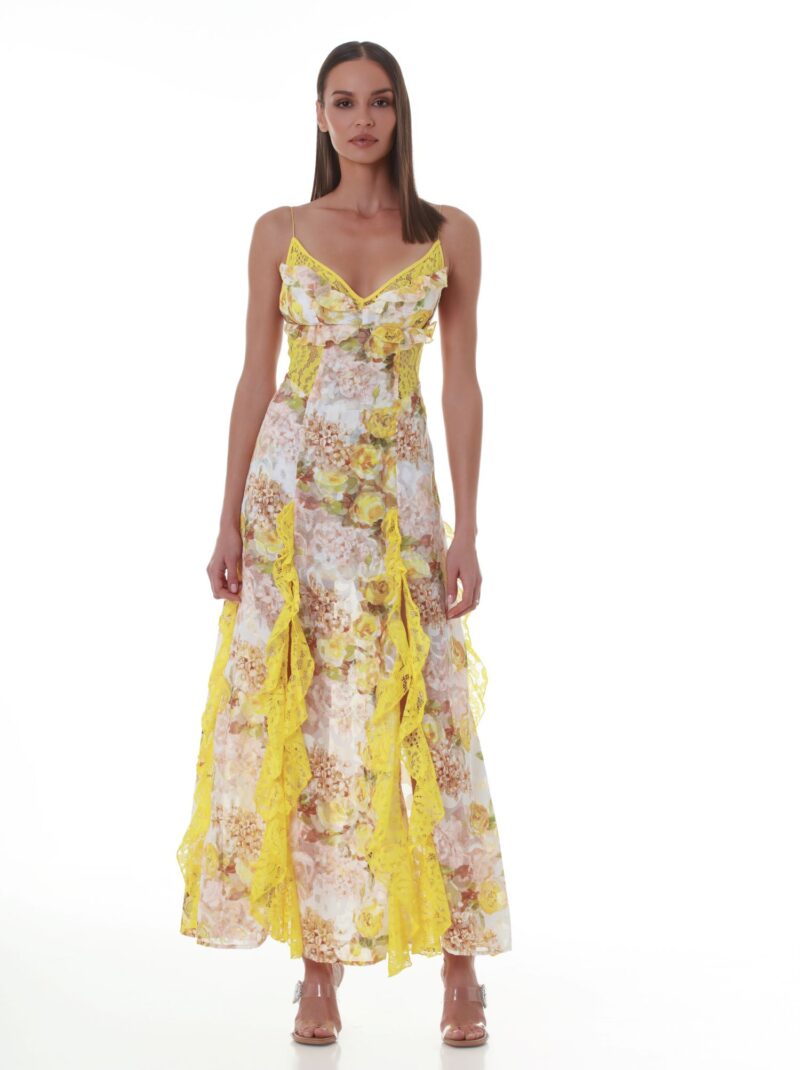 Yellow Roses Printed Devoré Lace-Detail Maxi Dress