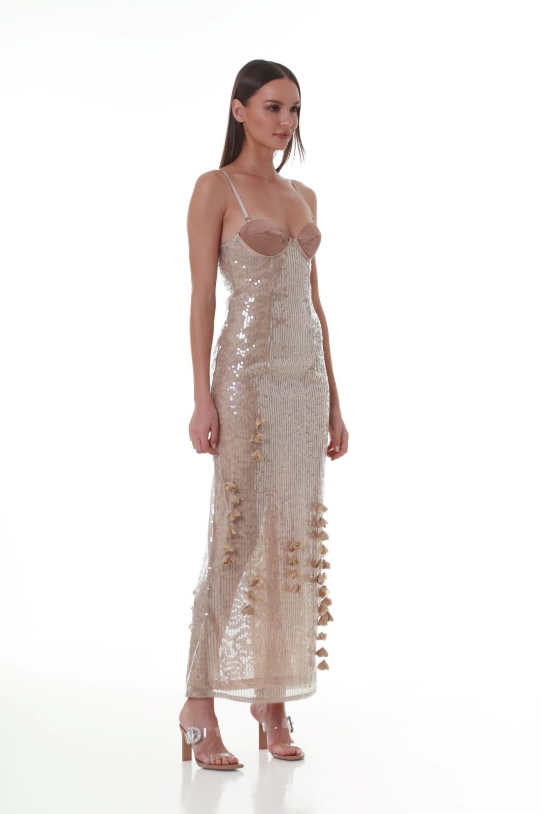 Sweetheart-Neck Sequin Maxi Dress in Almond Brown