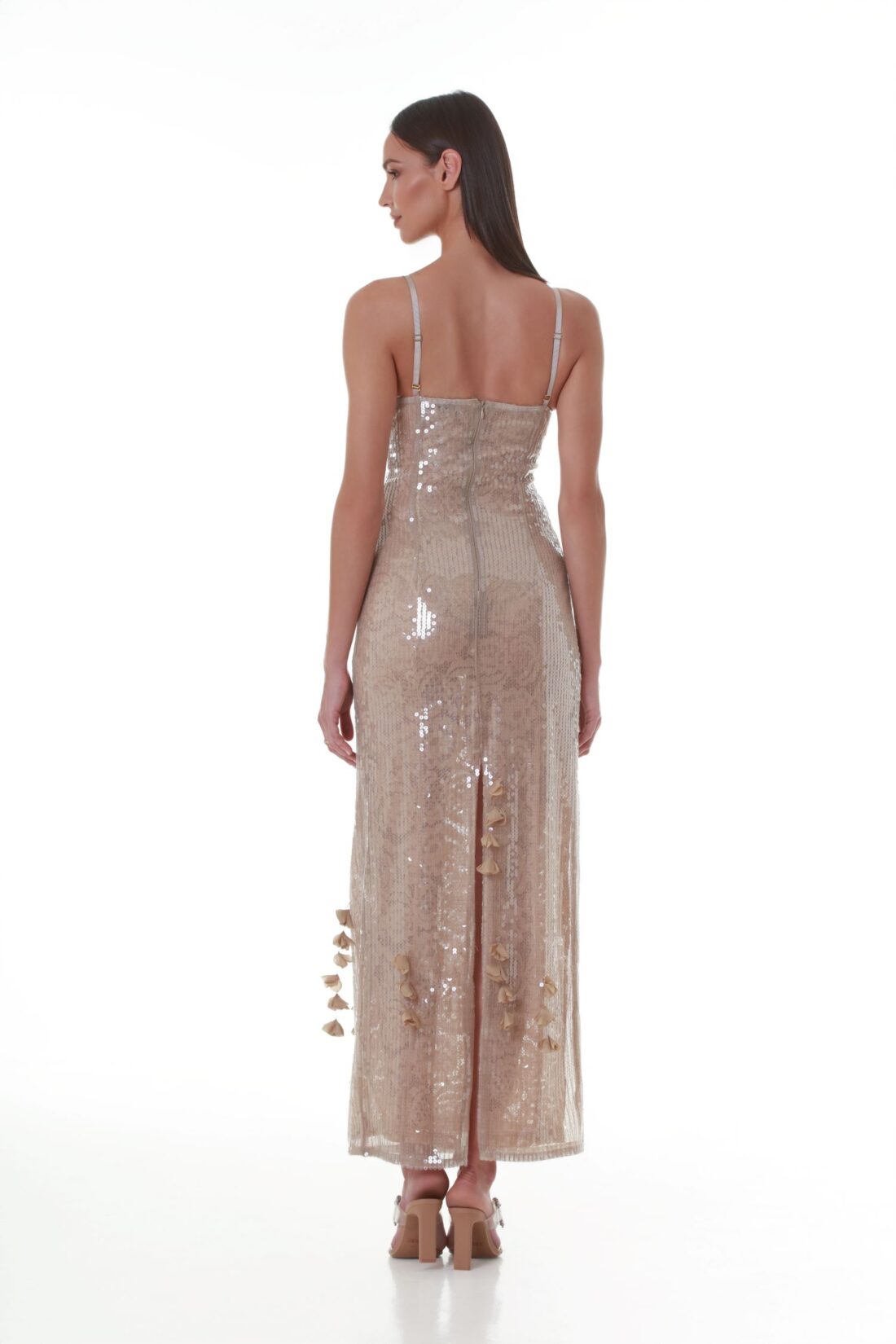 Sweetheart-Neck Sequin Maxi Dress in Almond Brown