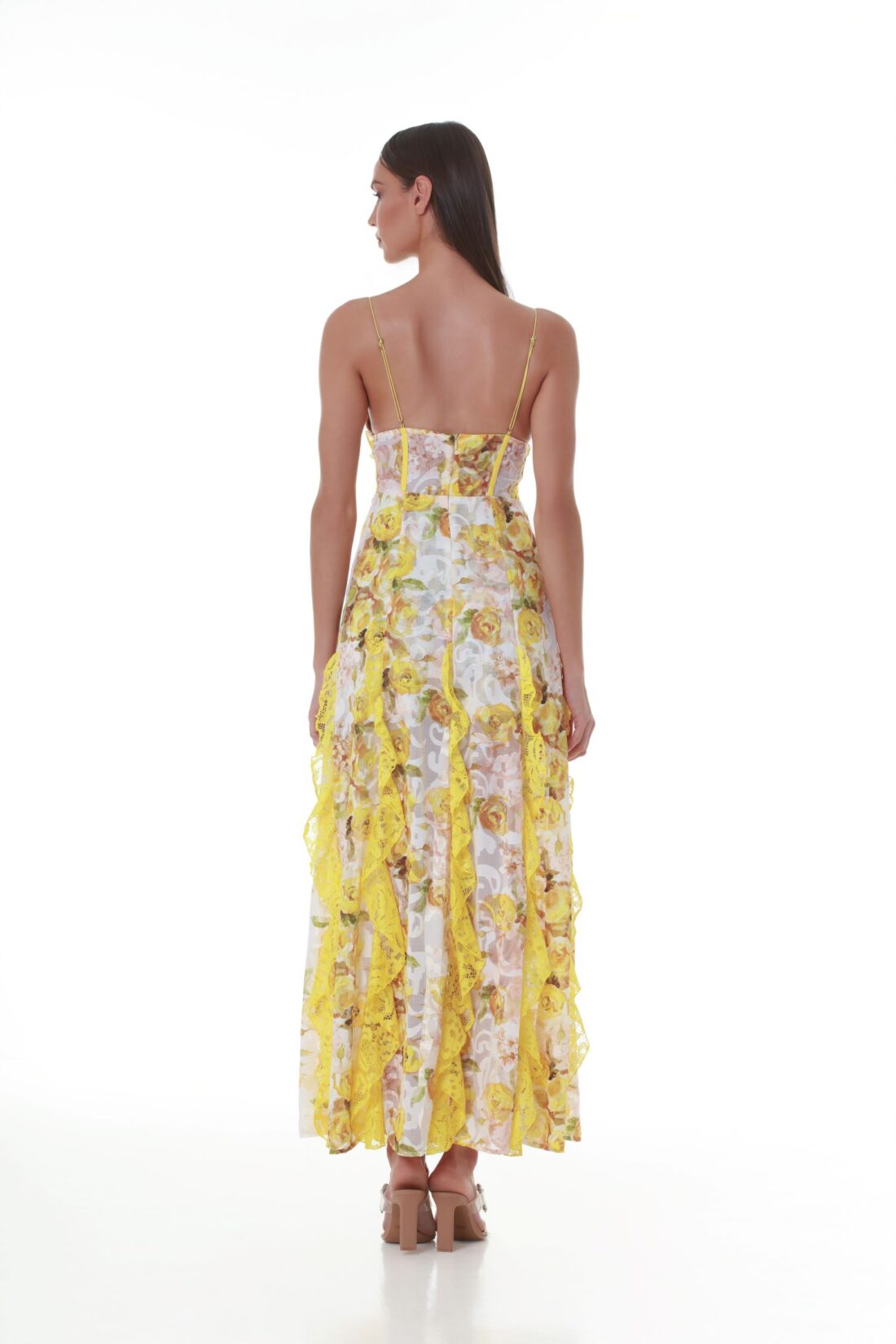 Yellow Roses Printed Devoré Lace-Detail Maxi Dress