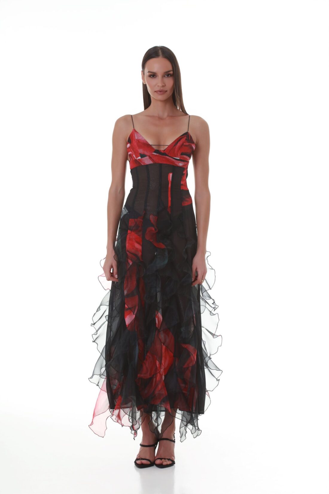 Flaming Roses Ruffle Printed Maxi Dress