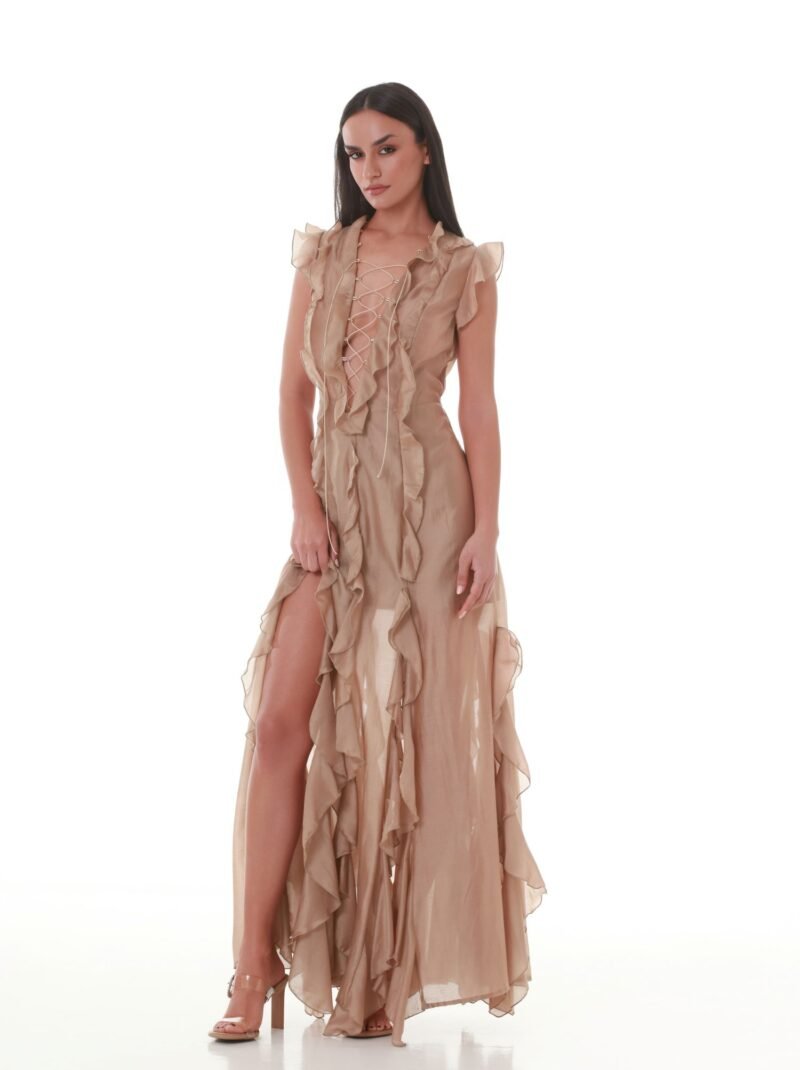 Sand Silky Lace-Up Ruffle Maxi