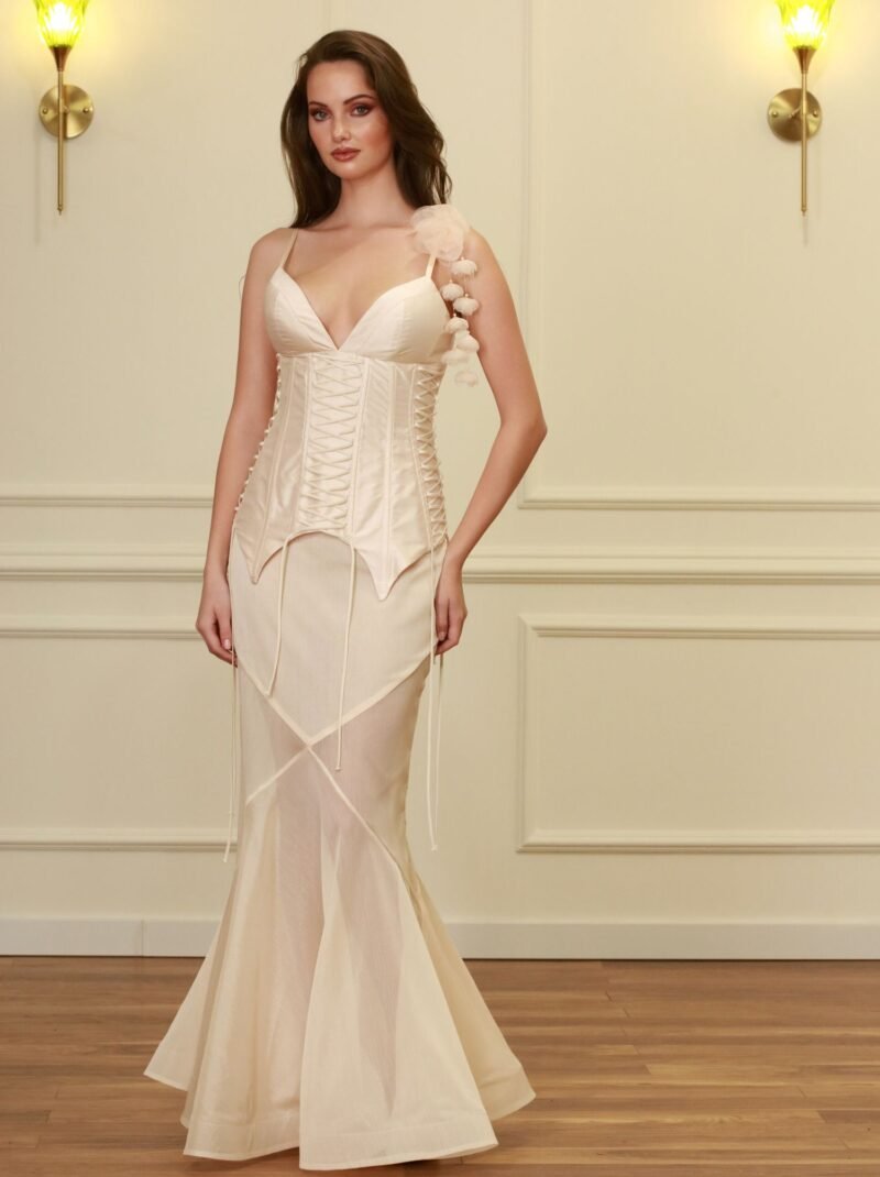Candy Beige Shantung & 3D Petal Silk Corset Set